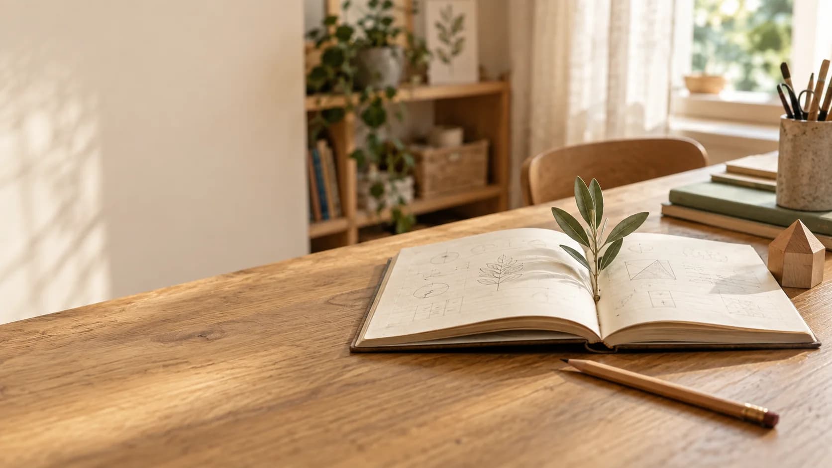 Open boek met een groene tak in een warme, natuurlijke onderwijsomgeving